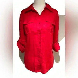 Timeless Elegance Tory Burch Red Linen  Button Down Long Sleeve Shirt (Size 6)